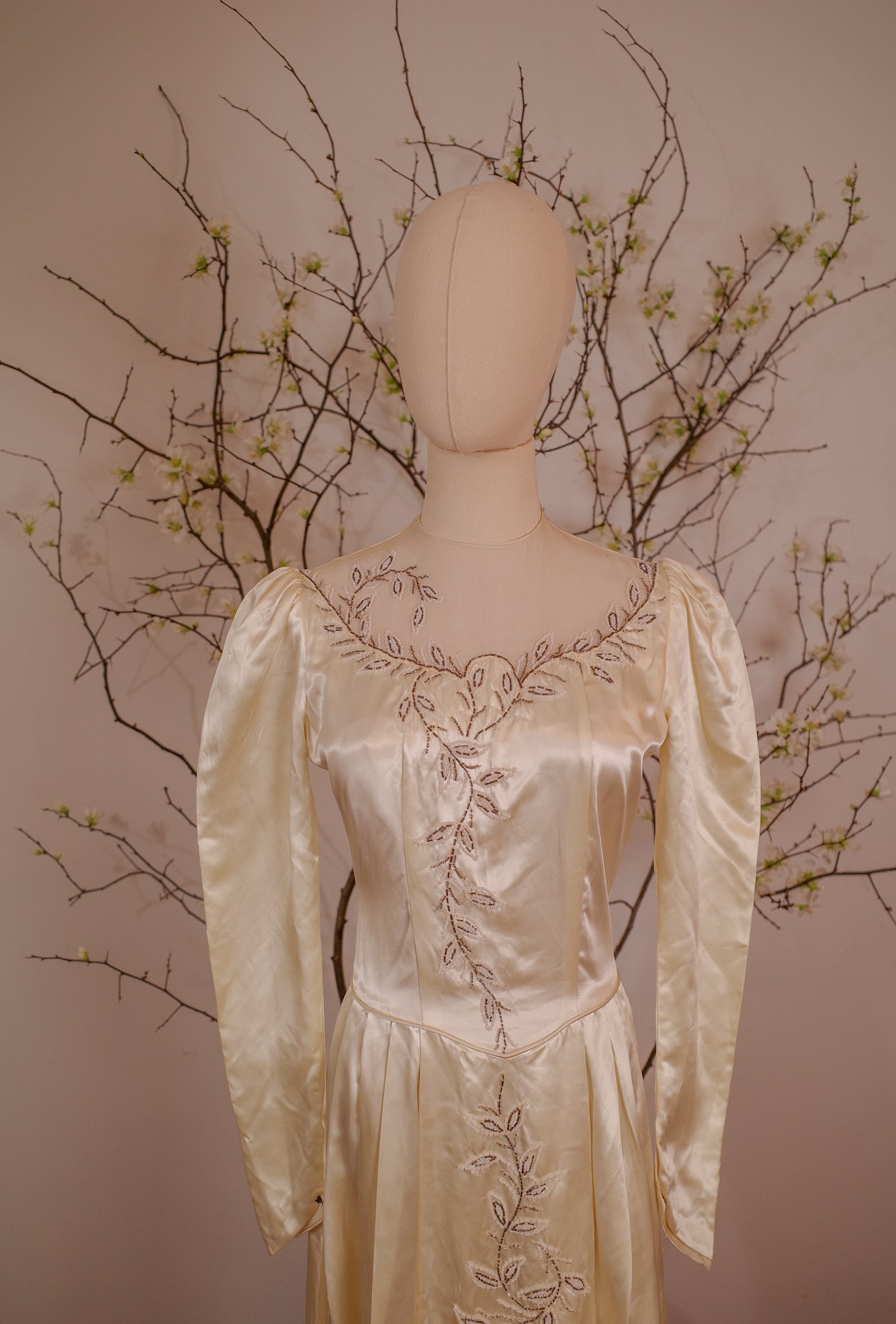 1940's Satin Wedding Dress with Leaf Beaded Detail