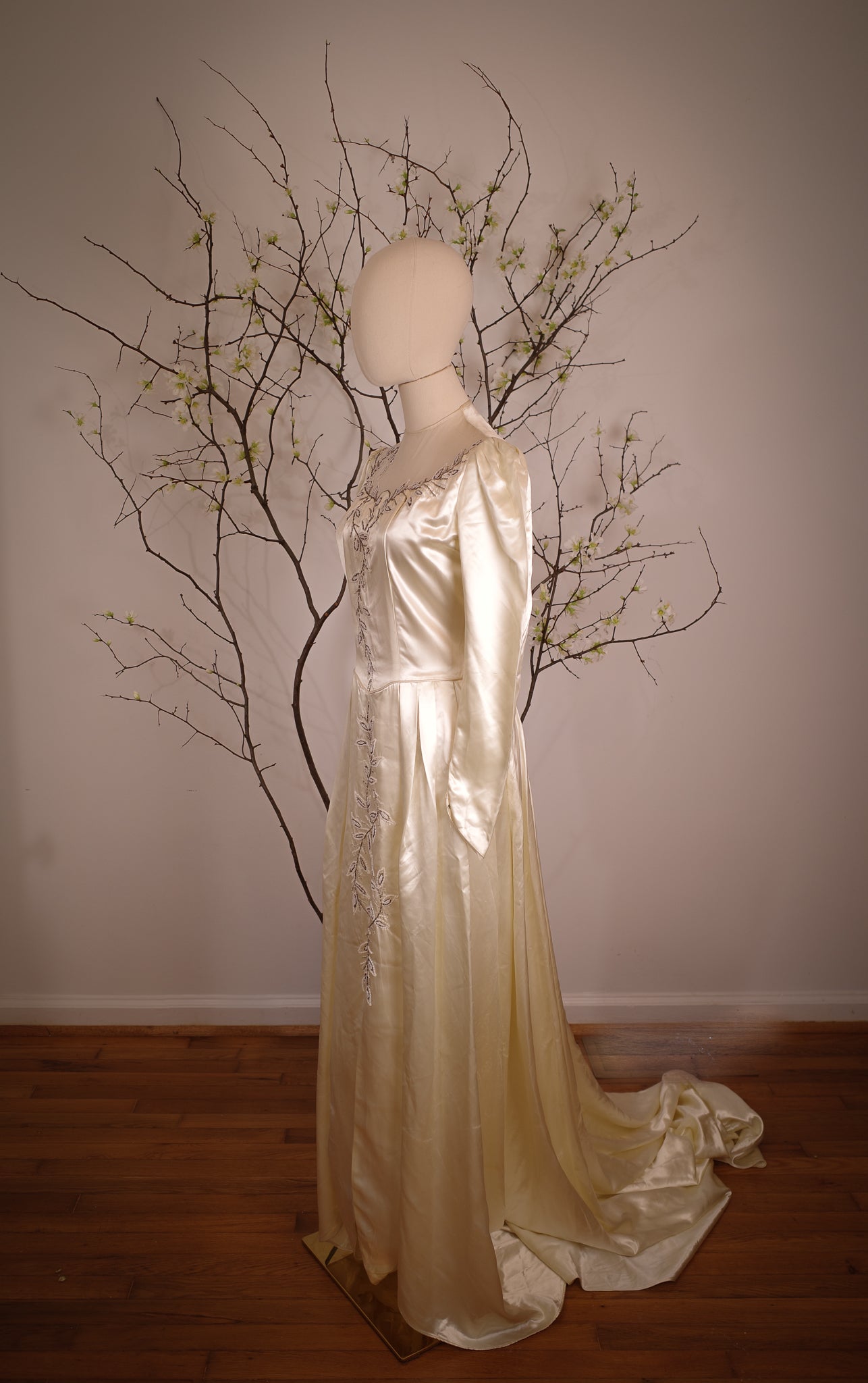 1940's Satin Wedding Dress with Leaf Beaded Detail
