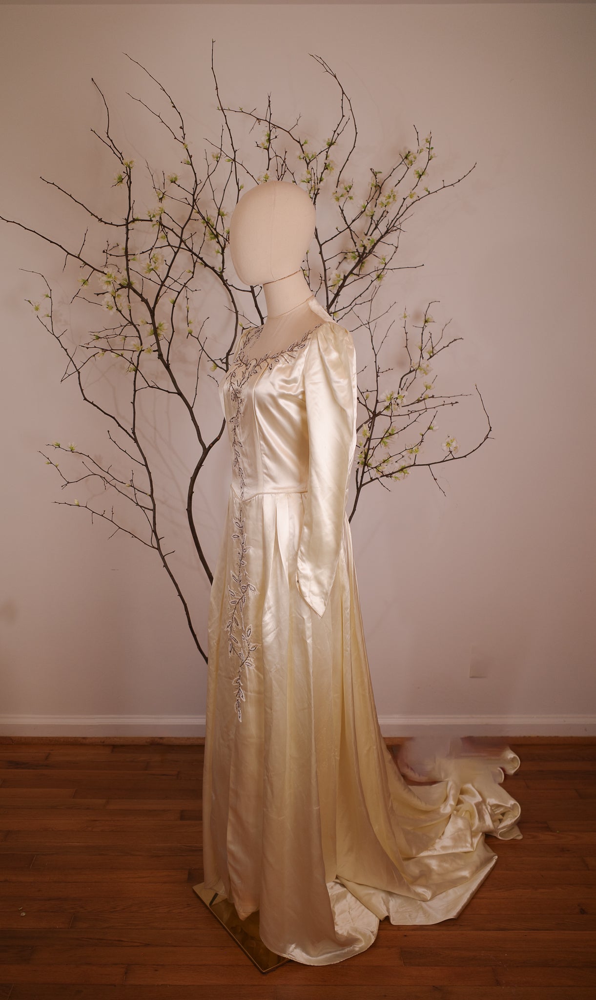 1940's Satin Wedding Dress with Leaf Beaded Detail