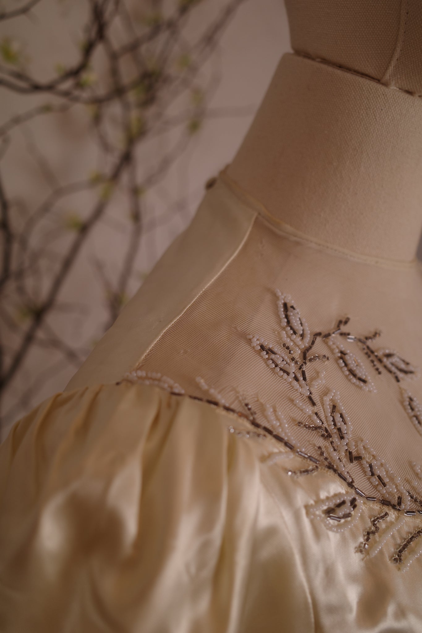 1940's Satin Wedding Dress with Leaf Beaded Detail