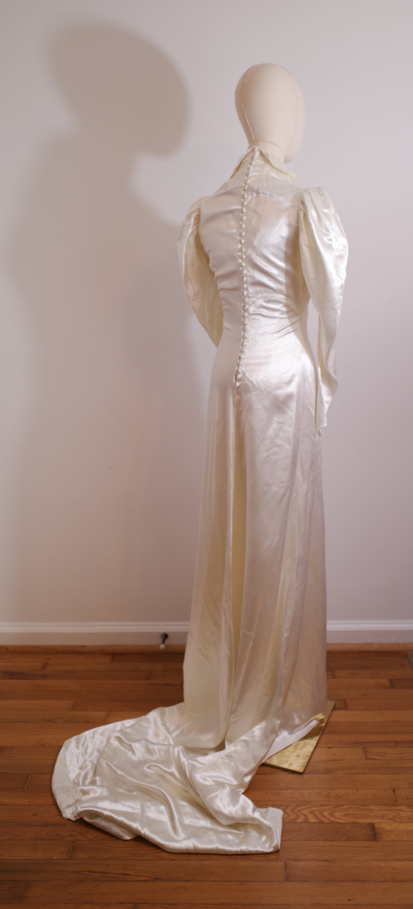 1930s Satin Wedding Dress with Puff Sleeve and Full Train
