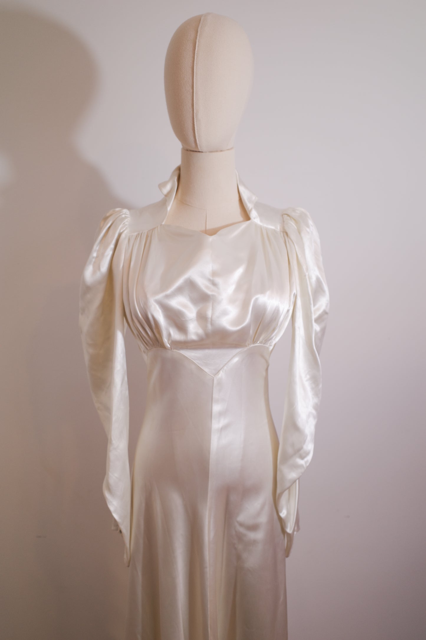 1930s Satin Wedding Dress with Puff Sleeve and Full Train