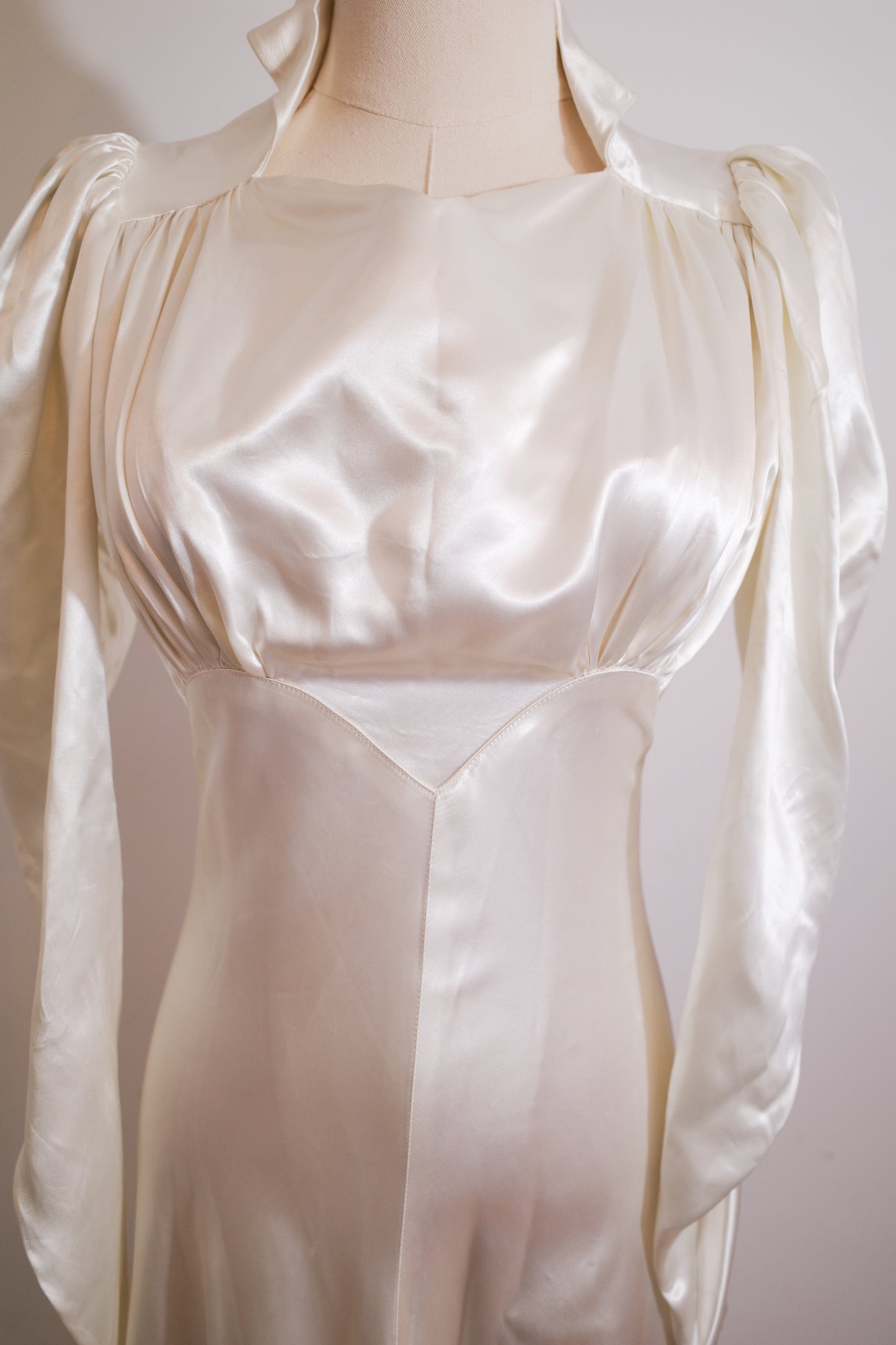1930s Satin Wedding Dress with Puff Sleeve and Full Train