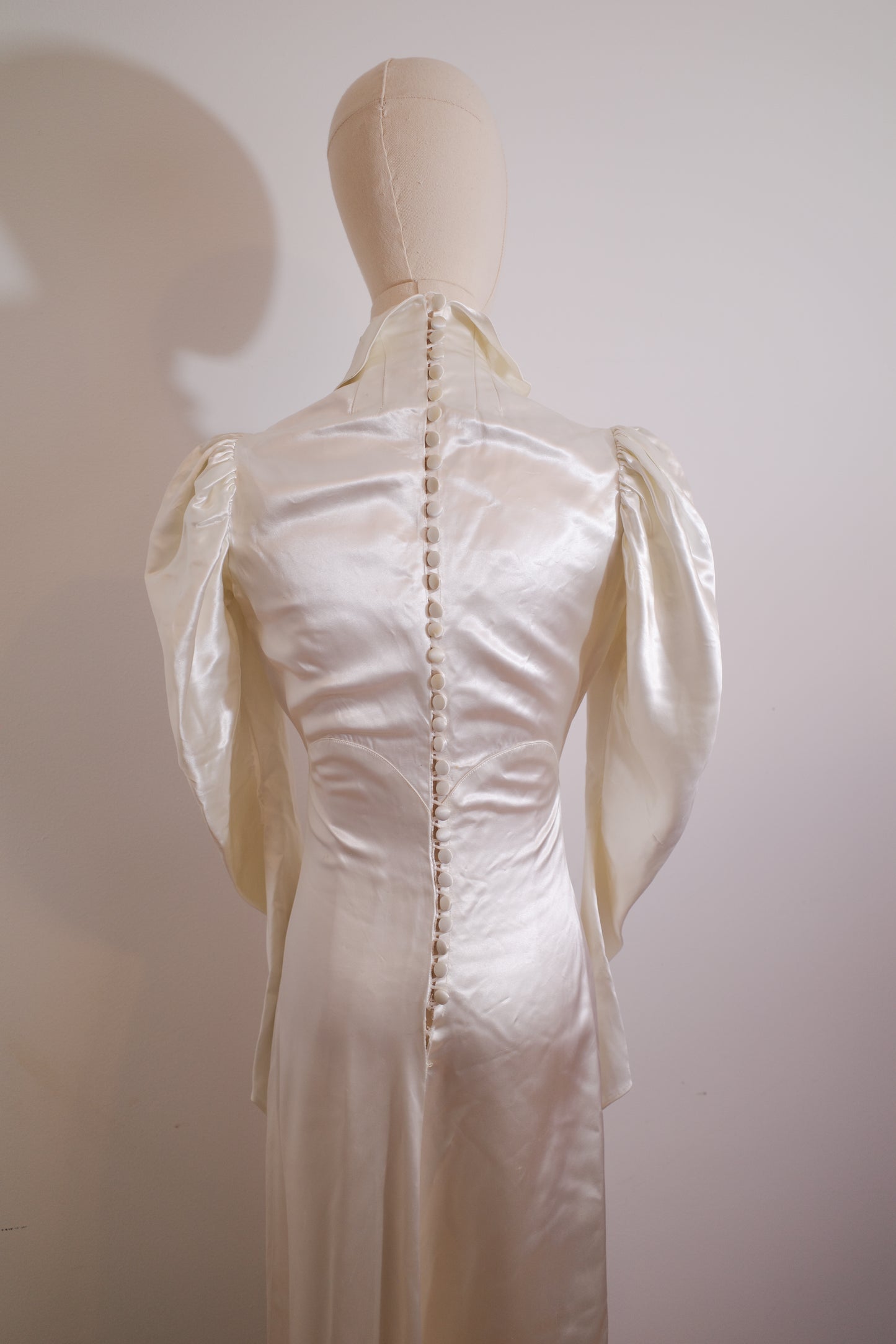 1930s Satin Wedding Dress with Puff Sleeve and Full Train