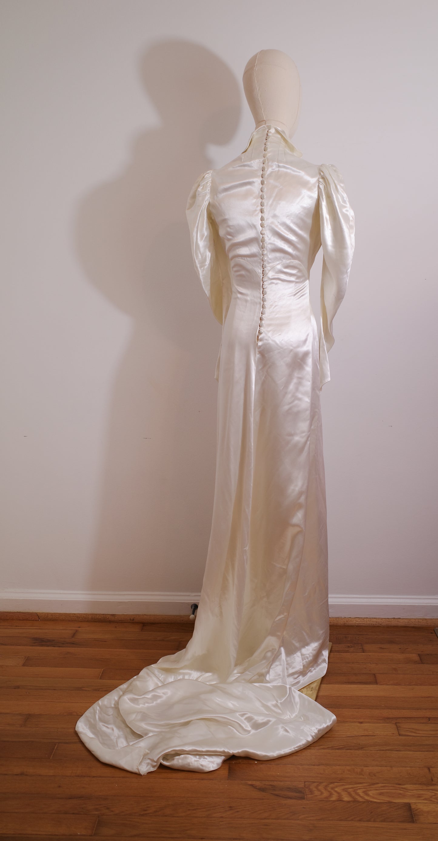1930s Satin Wedding Dress with Puff Sleeve and Full Train