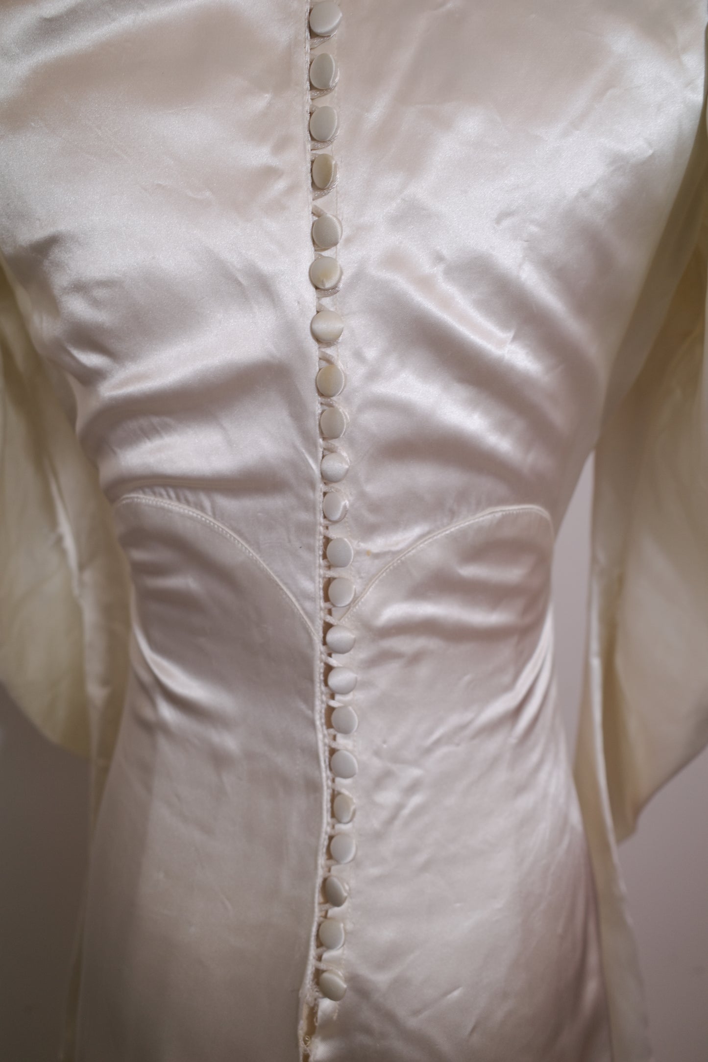 1930s Satin Wedding Dress with Puff Sleeve and Full Train