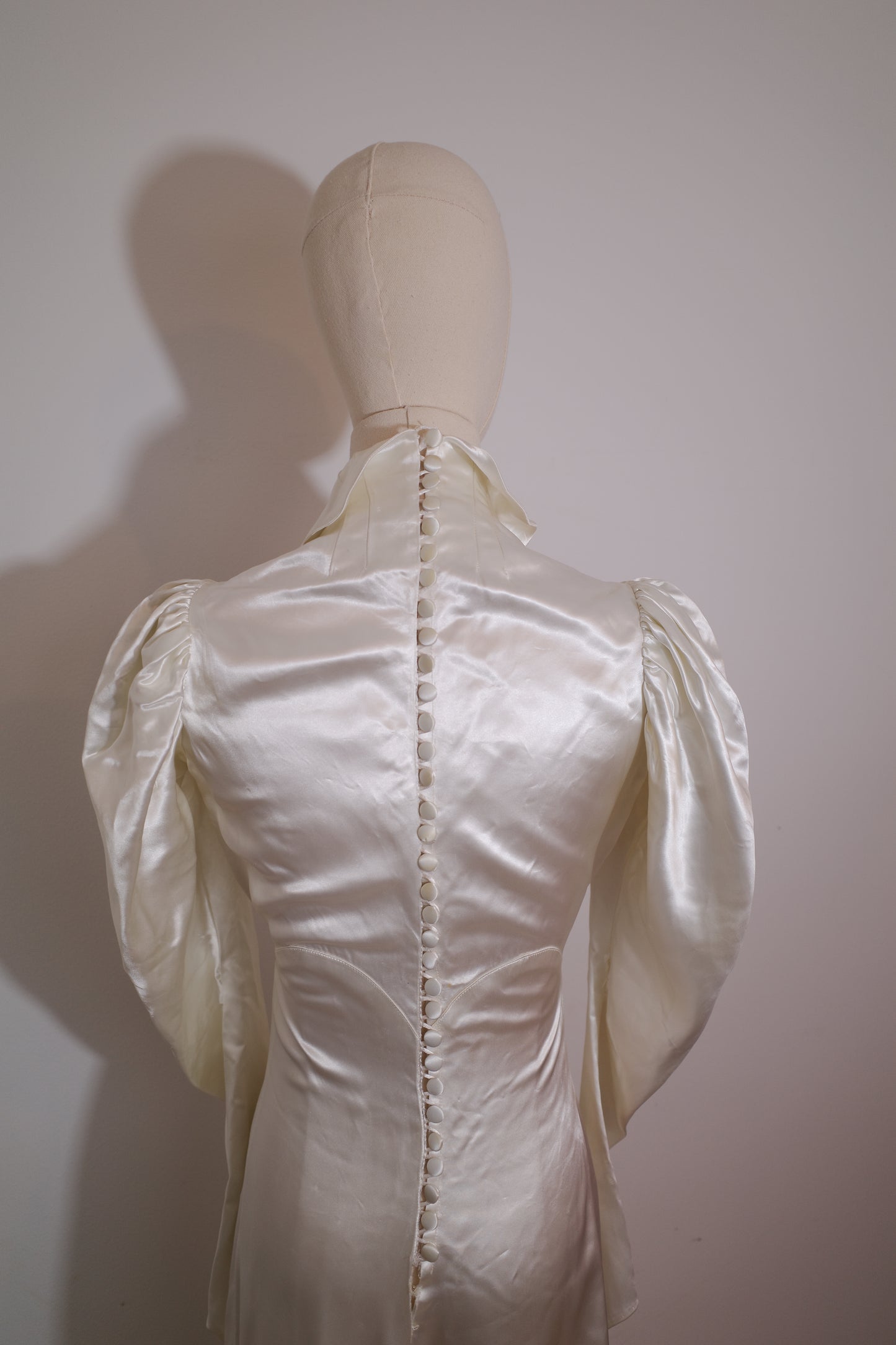 1930s Satin Wedding Dress with Puff Sleeve and Full Train