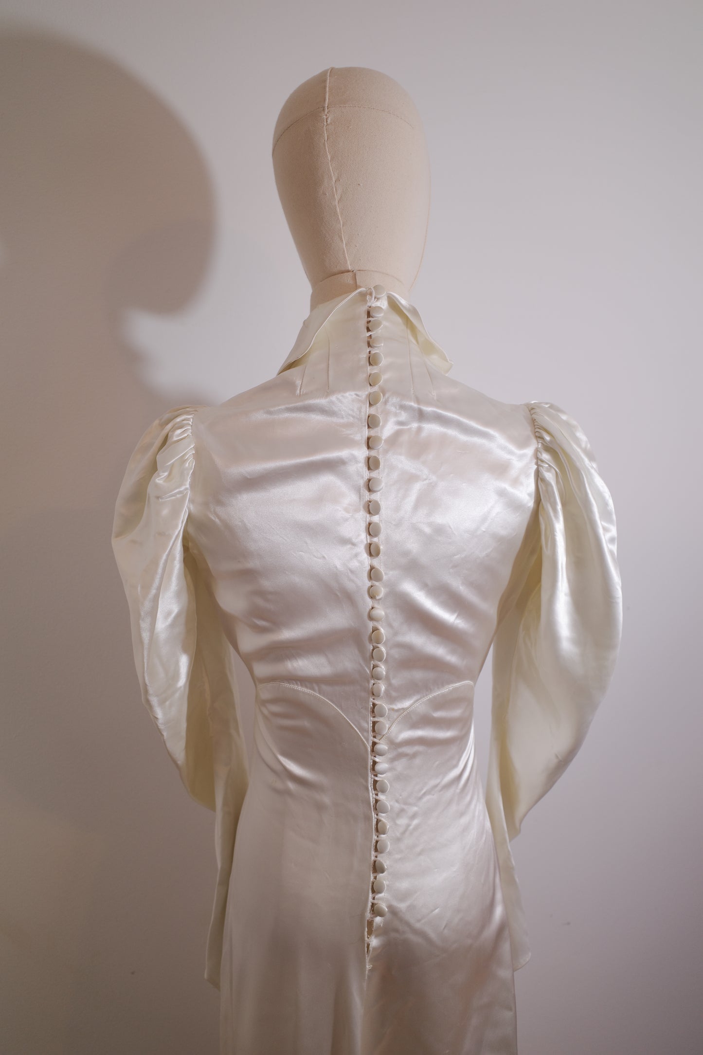 1930s Satin Wedding Dress with Puff Sleeve and Full Train