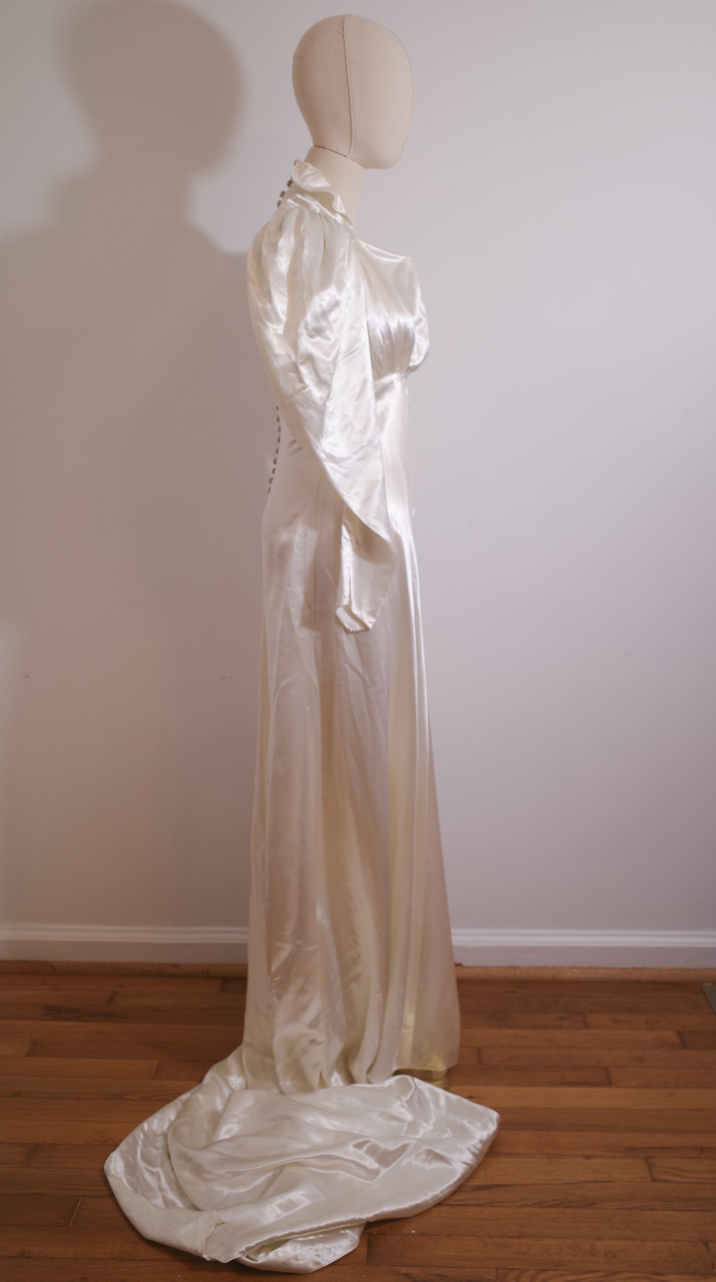1930s Satin Wedding Dress with Puff Sleeve and Full Train
