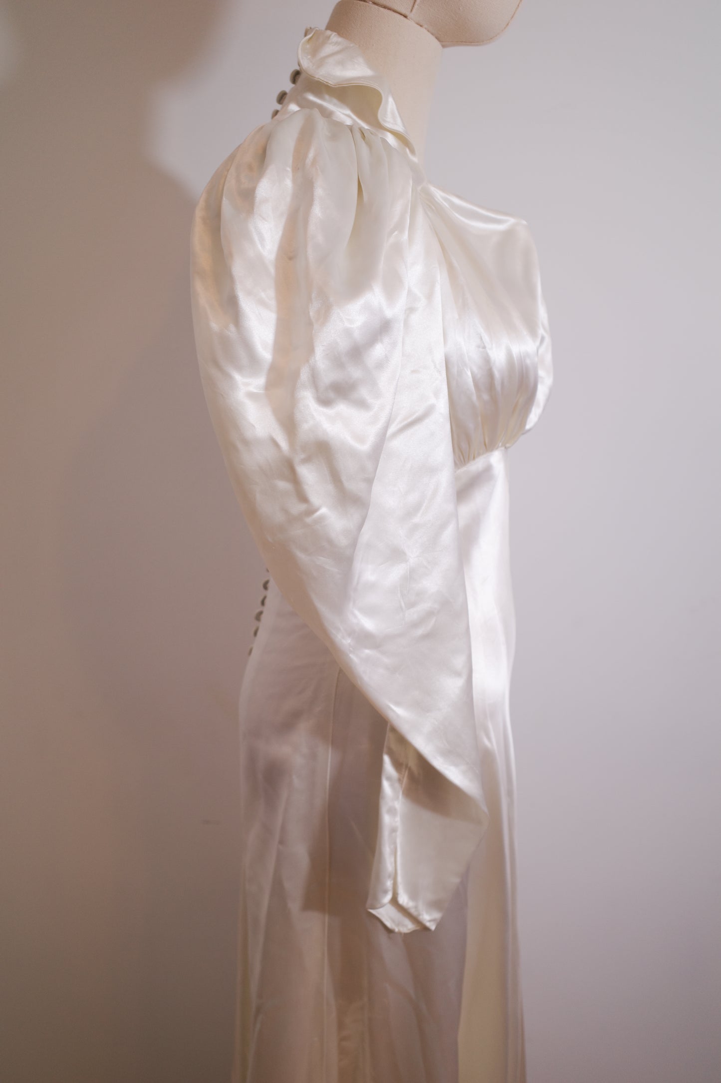 1930s Satin Wedding Dress with Puff Sleeve and Full Train
