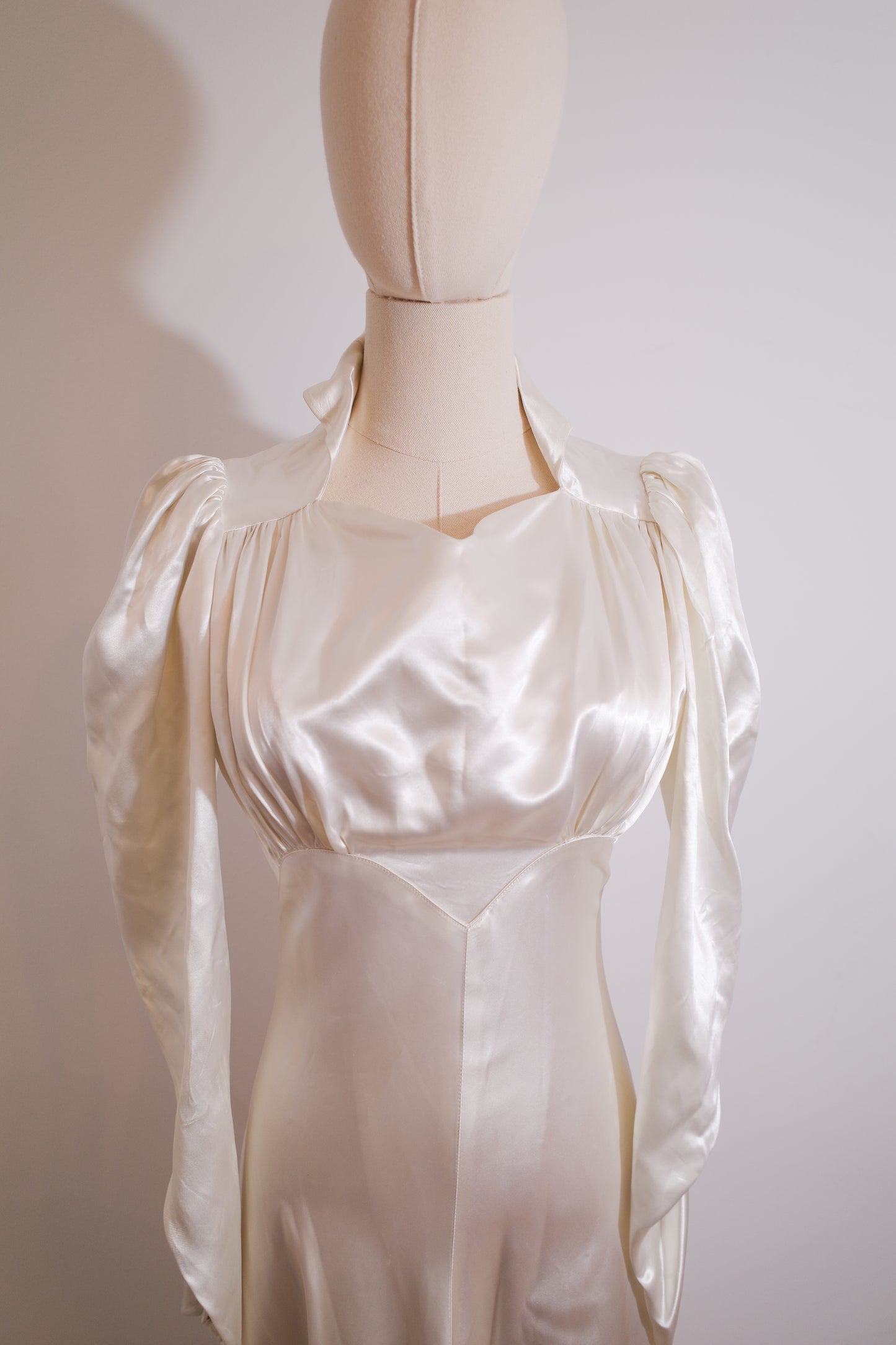 1930s Satin Wedding Dress with Puff Sleeve and Full Train