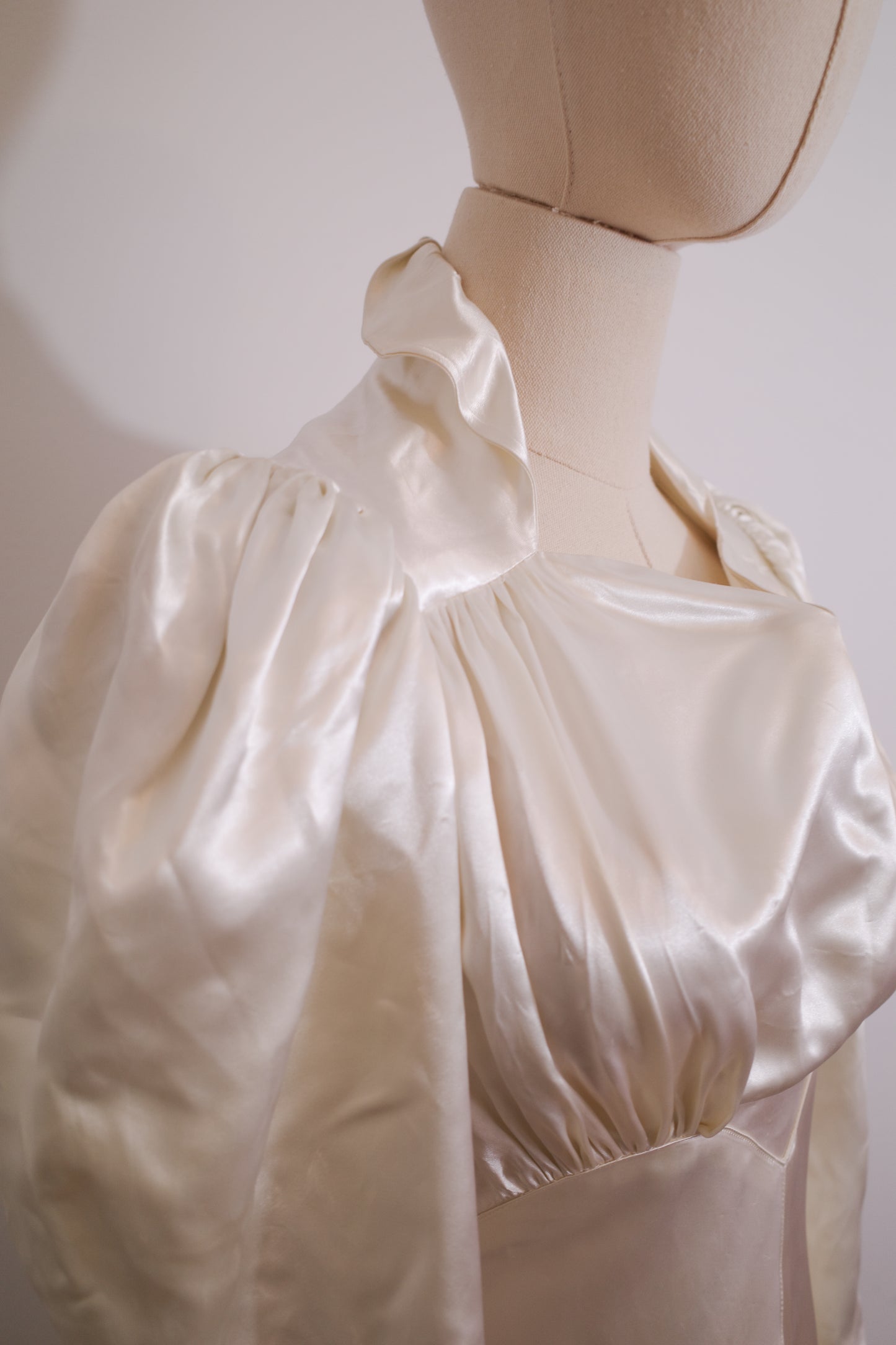 1930s Satin Wedding Dress with Puff Sleeve and Full Train