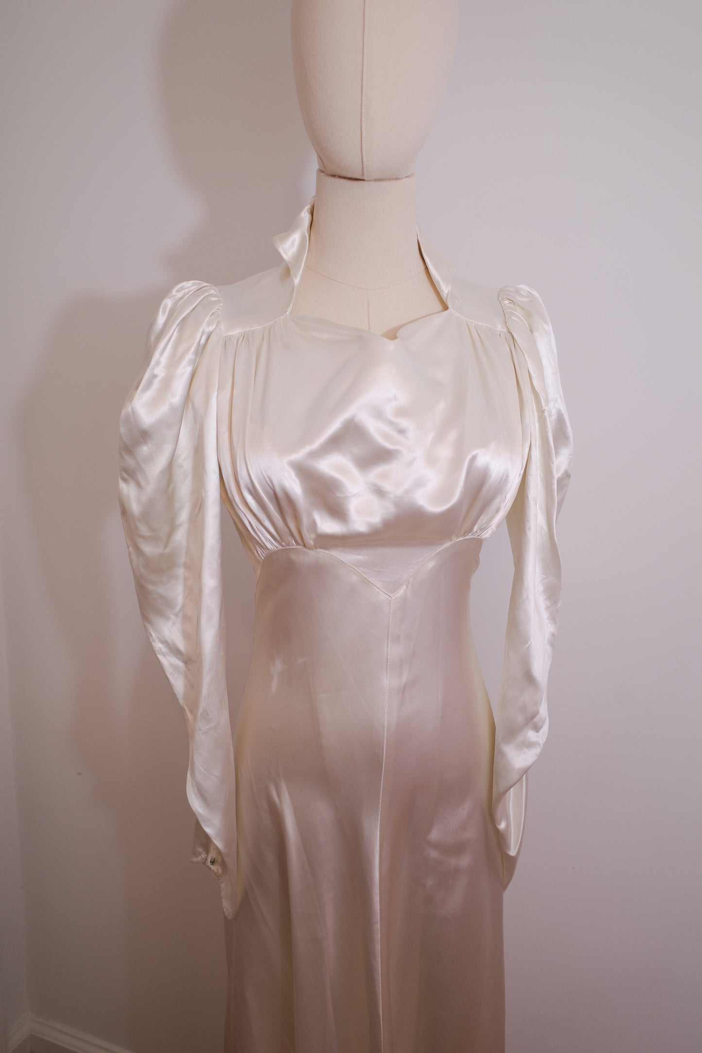 1930s Satin Wedding Dress with Puff Sleeve and Full Train