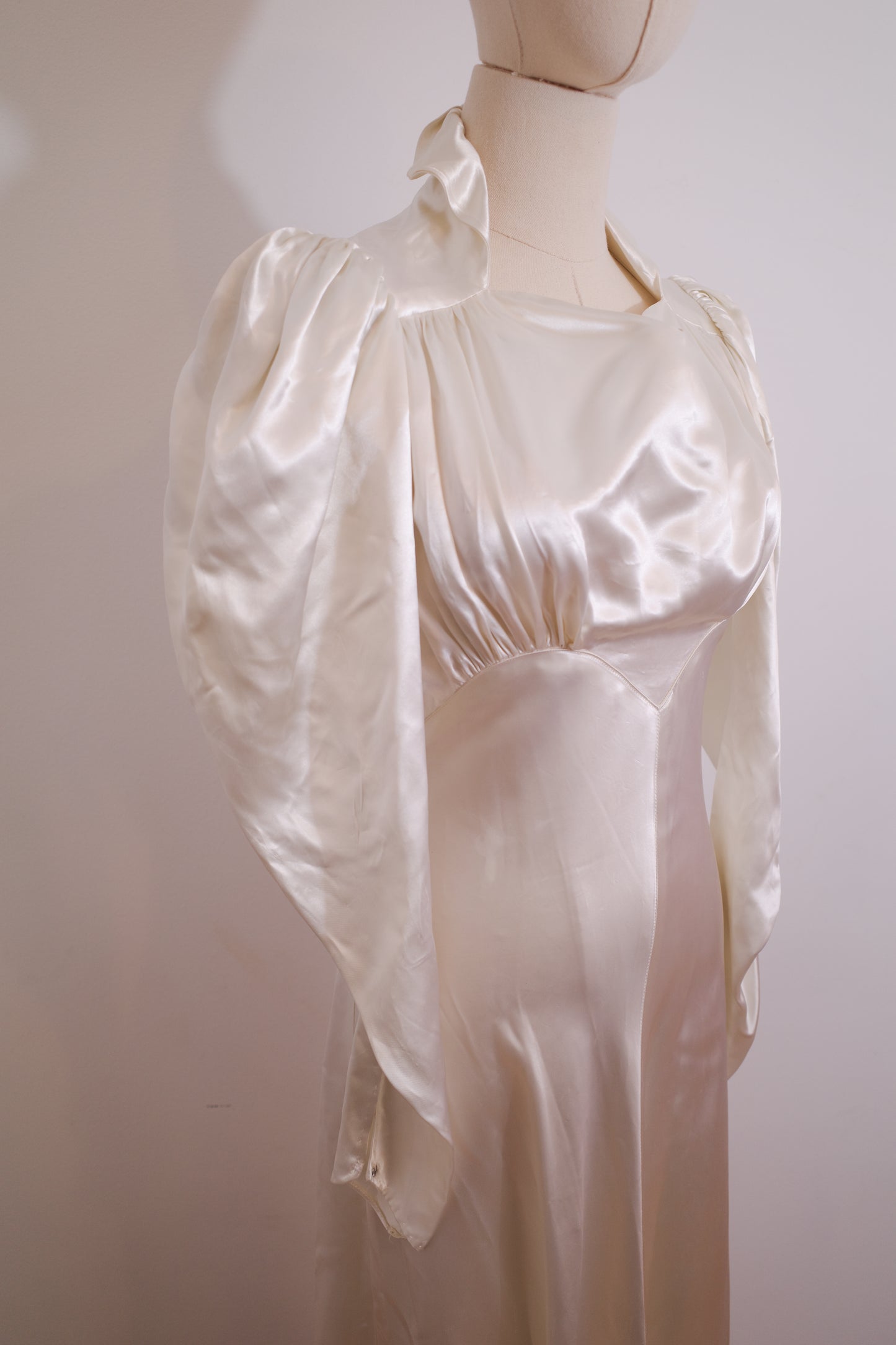1930s Satin Wedding Dress with Puff Sleeve and Full Train