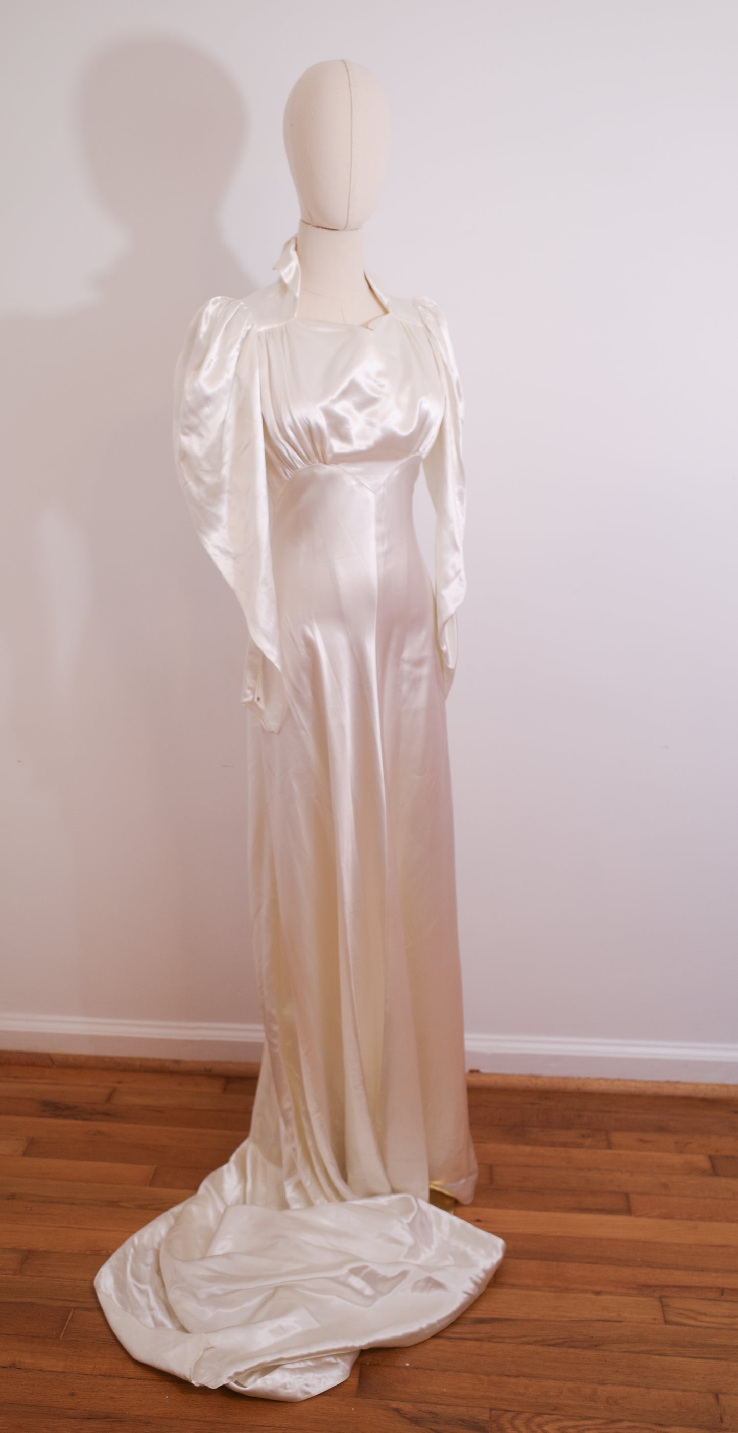 1930s Satin Wedding Dress with Puff Sleeve and Full Train