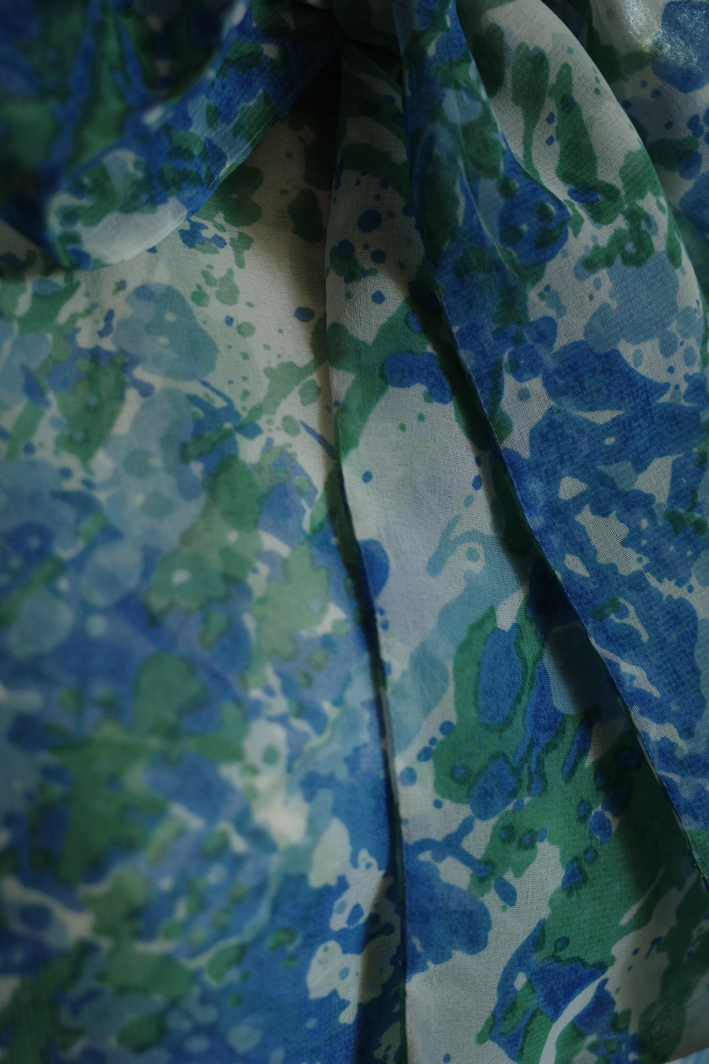 60s pussy bow, long sleeve blouse, green blue, watercolor print