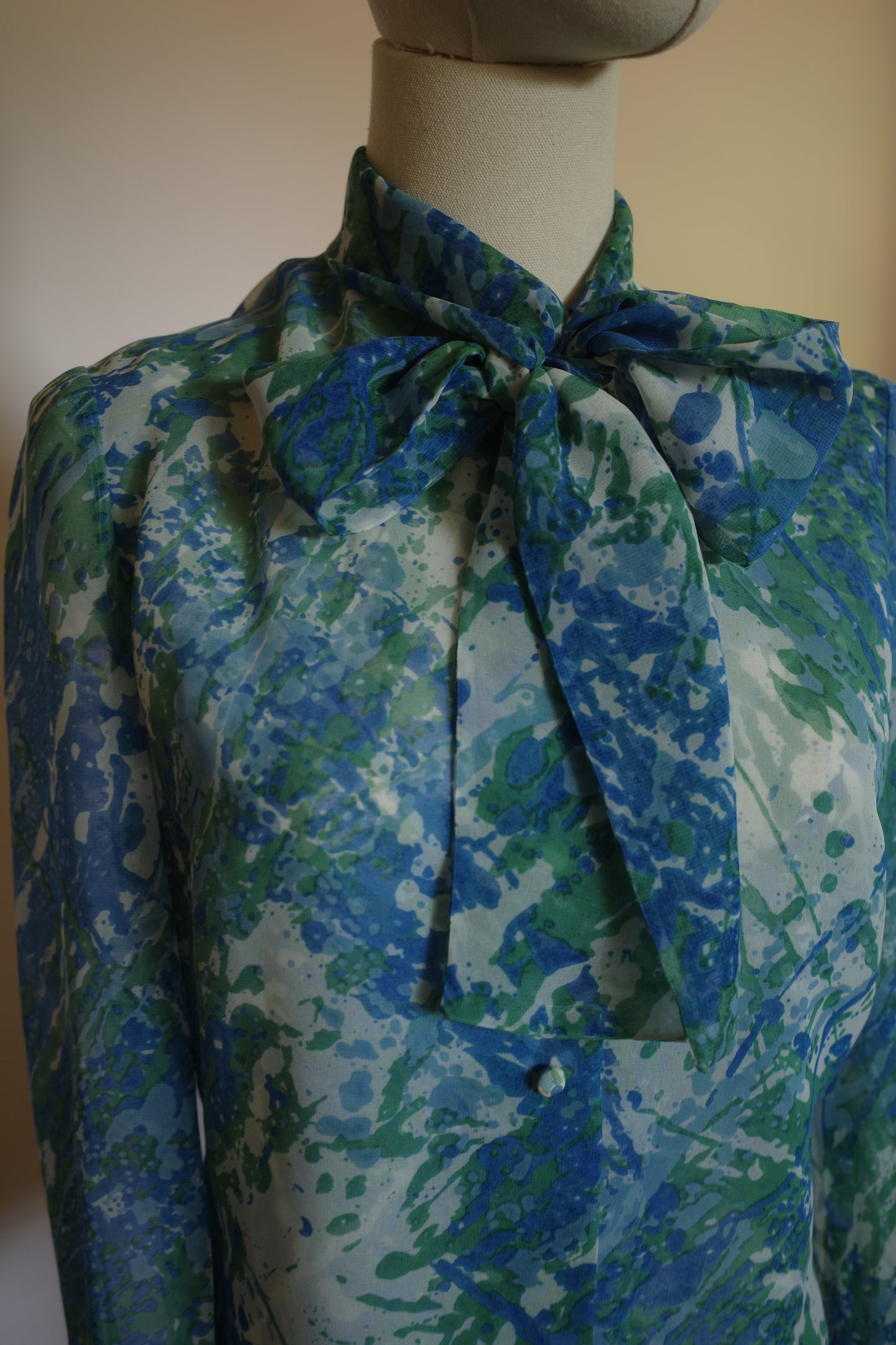 60s pussy bow, long sleeve blouse, green blue, watercolor print