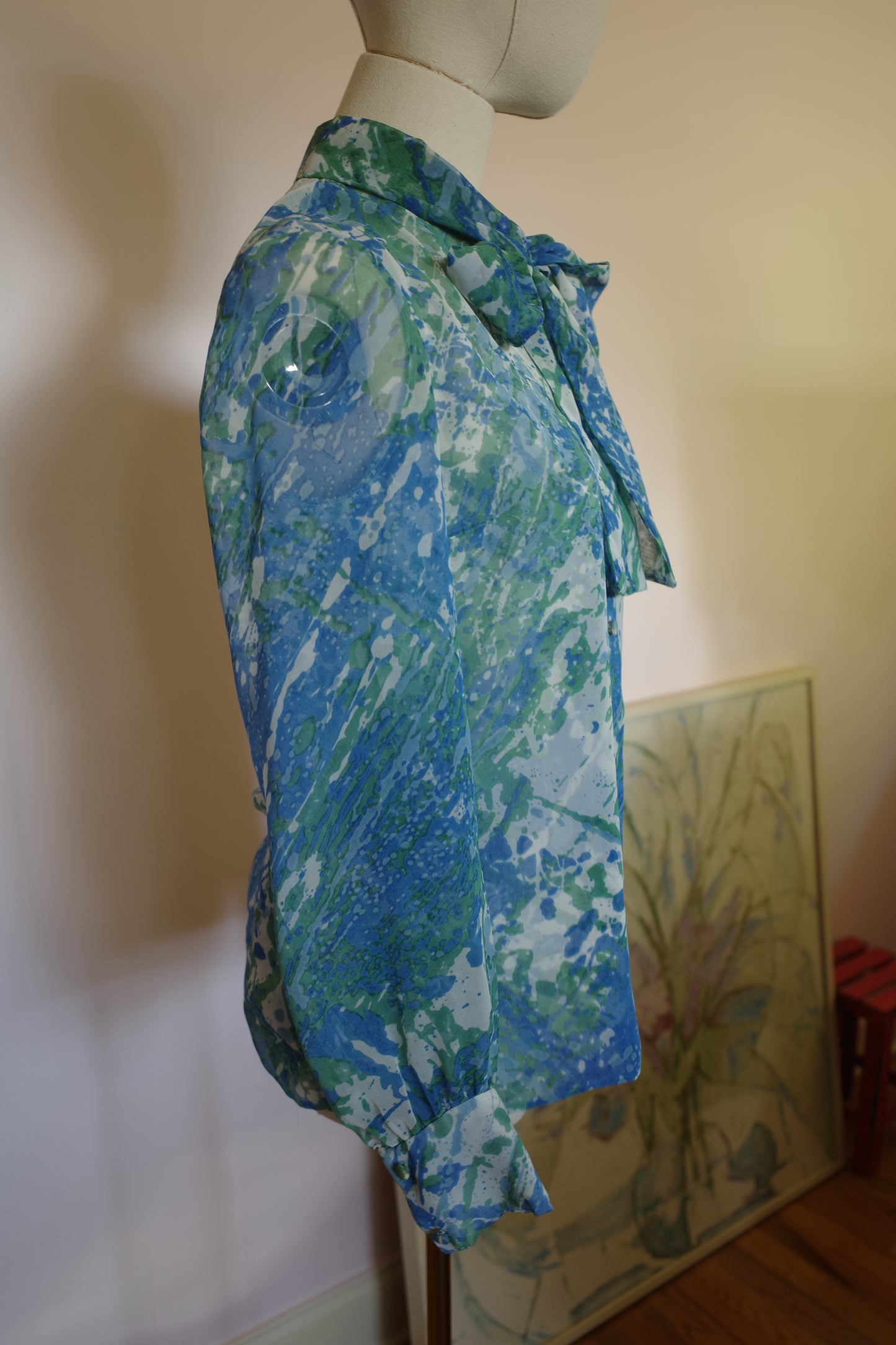 60s pussy bow, long sleeve blouse, green blue, watercolor print