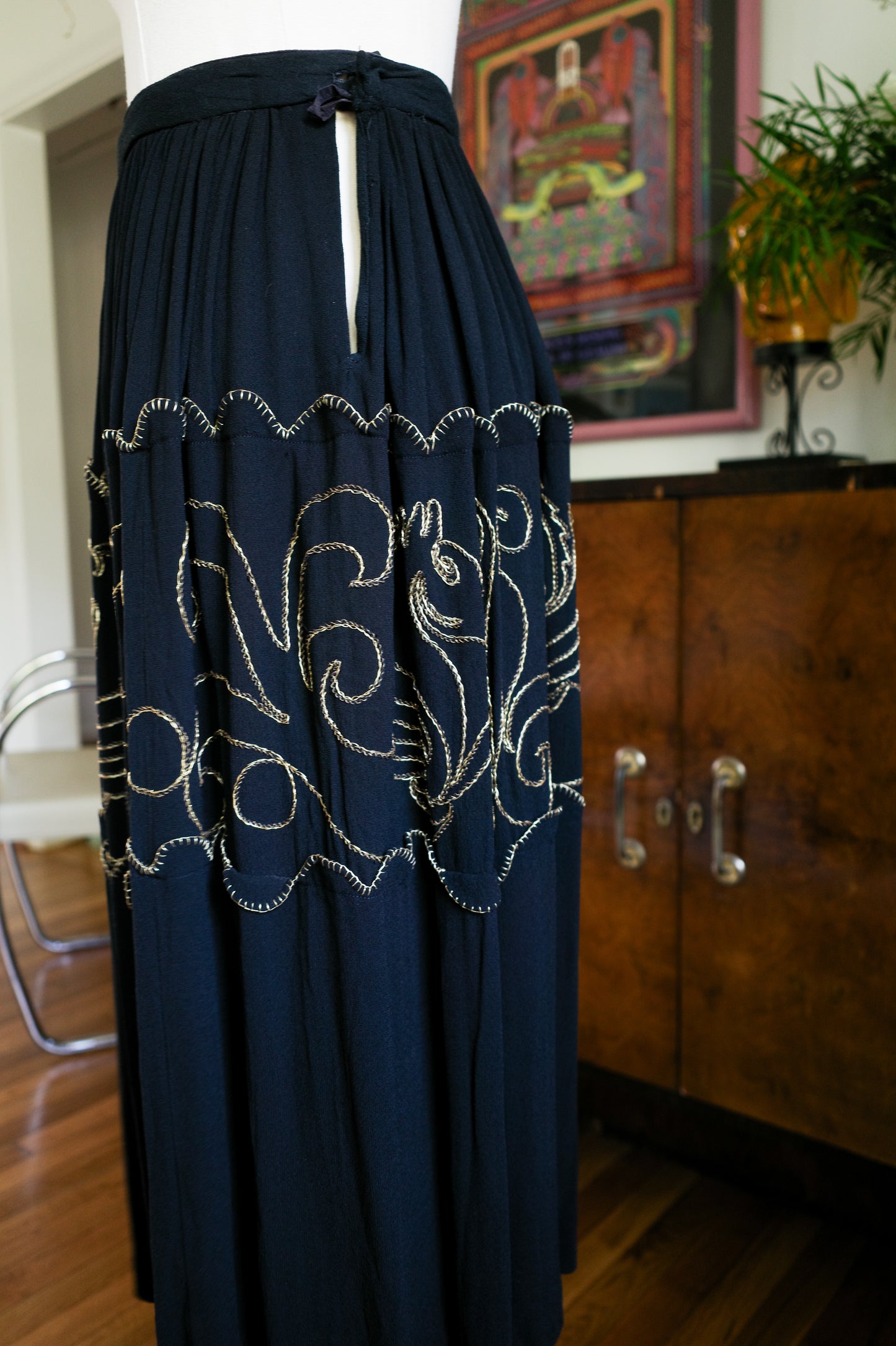 1940s / 1950s Black Crepe Seahorse Gold Embroidered Skirt