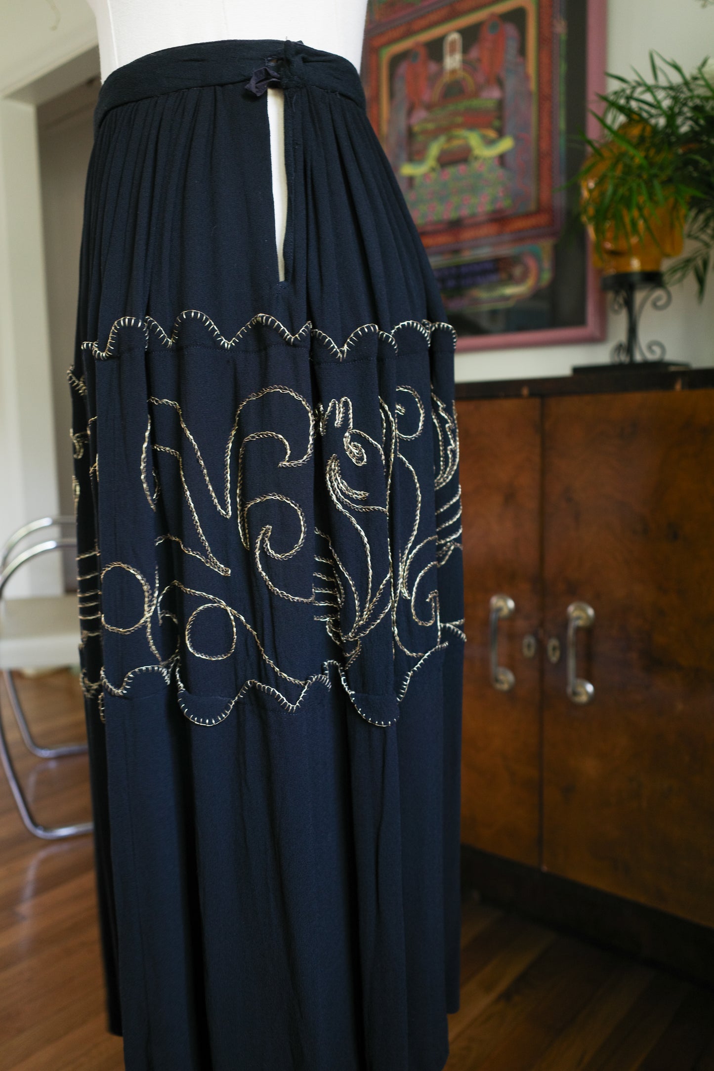 1940s / 1950s Black Crepe Seahorse Gold Embroidered Skirt