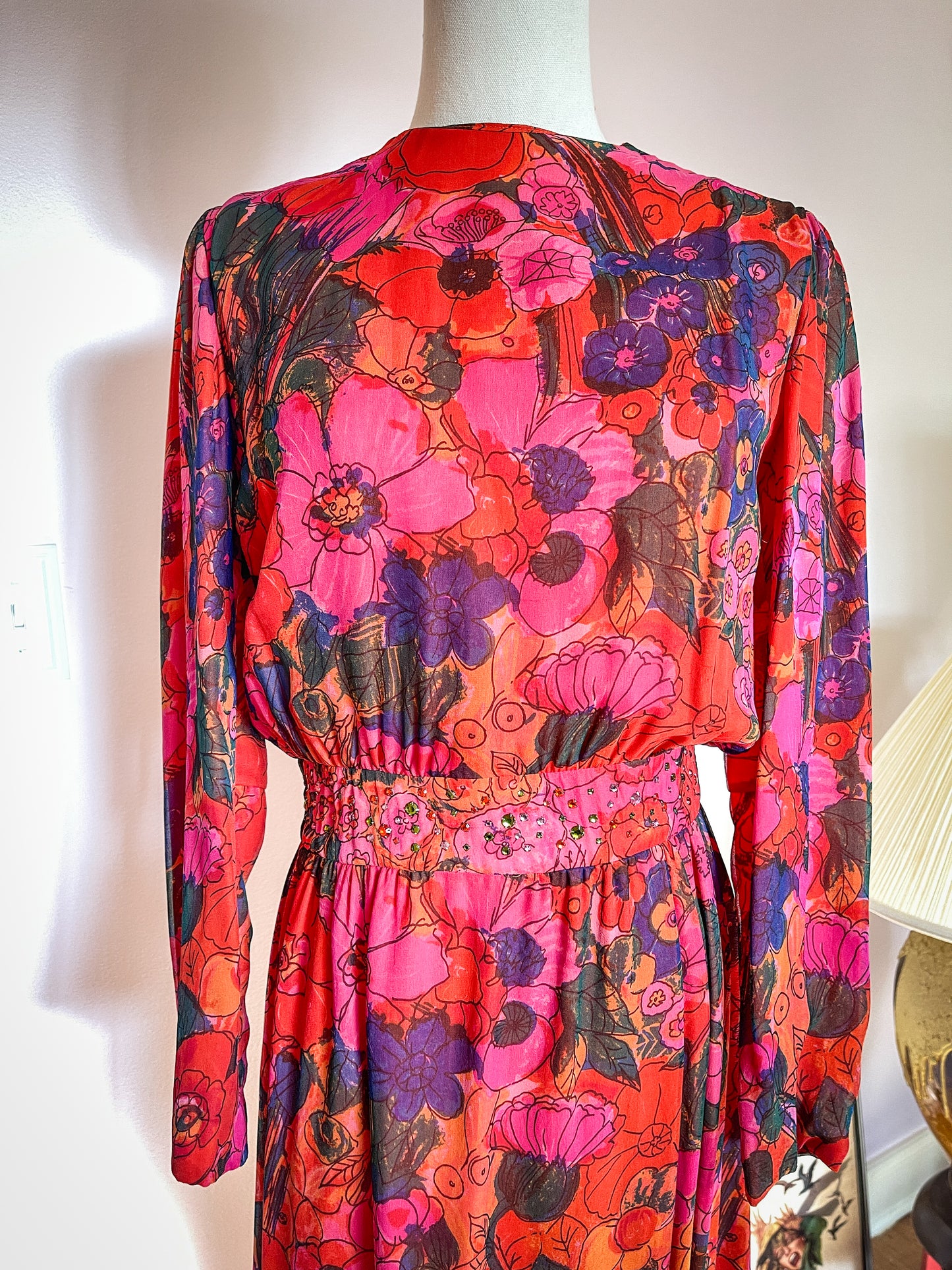 1960s Silk Chiffon Red Floral Maxi