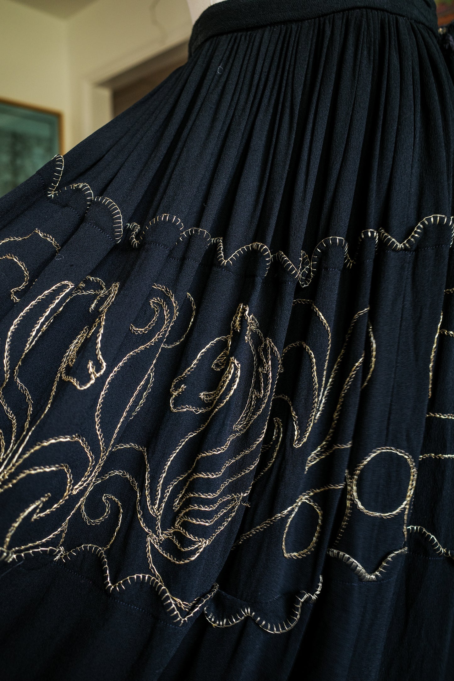 1940s / 1950s Black Crepe Seahorse Gold Embroidered Skirt