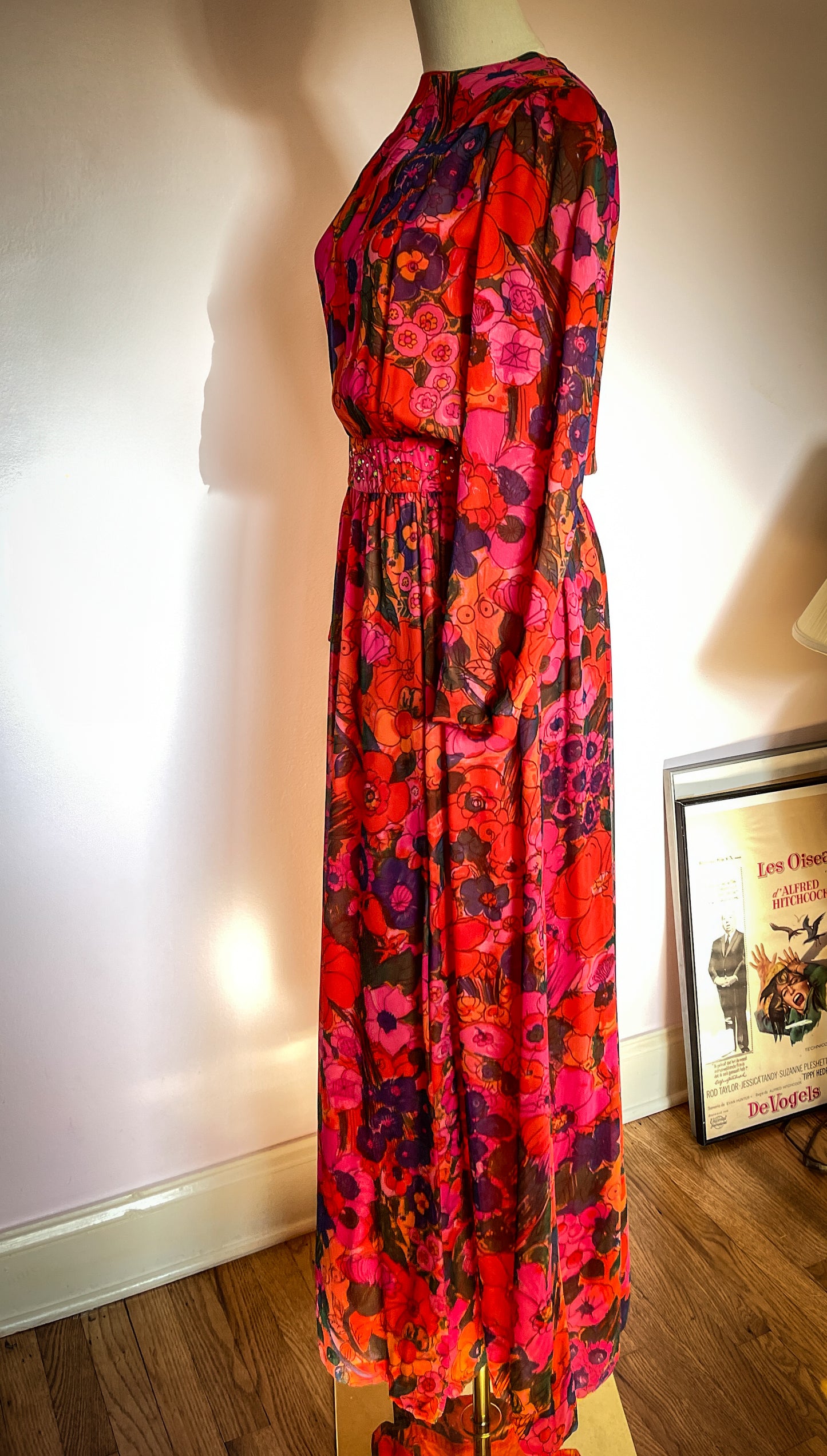 1960s Silk Chiffon Red Floral Maxi