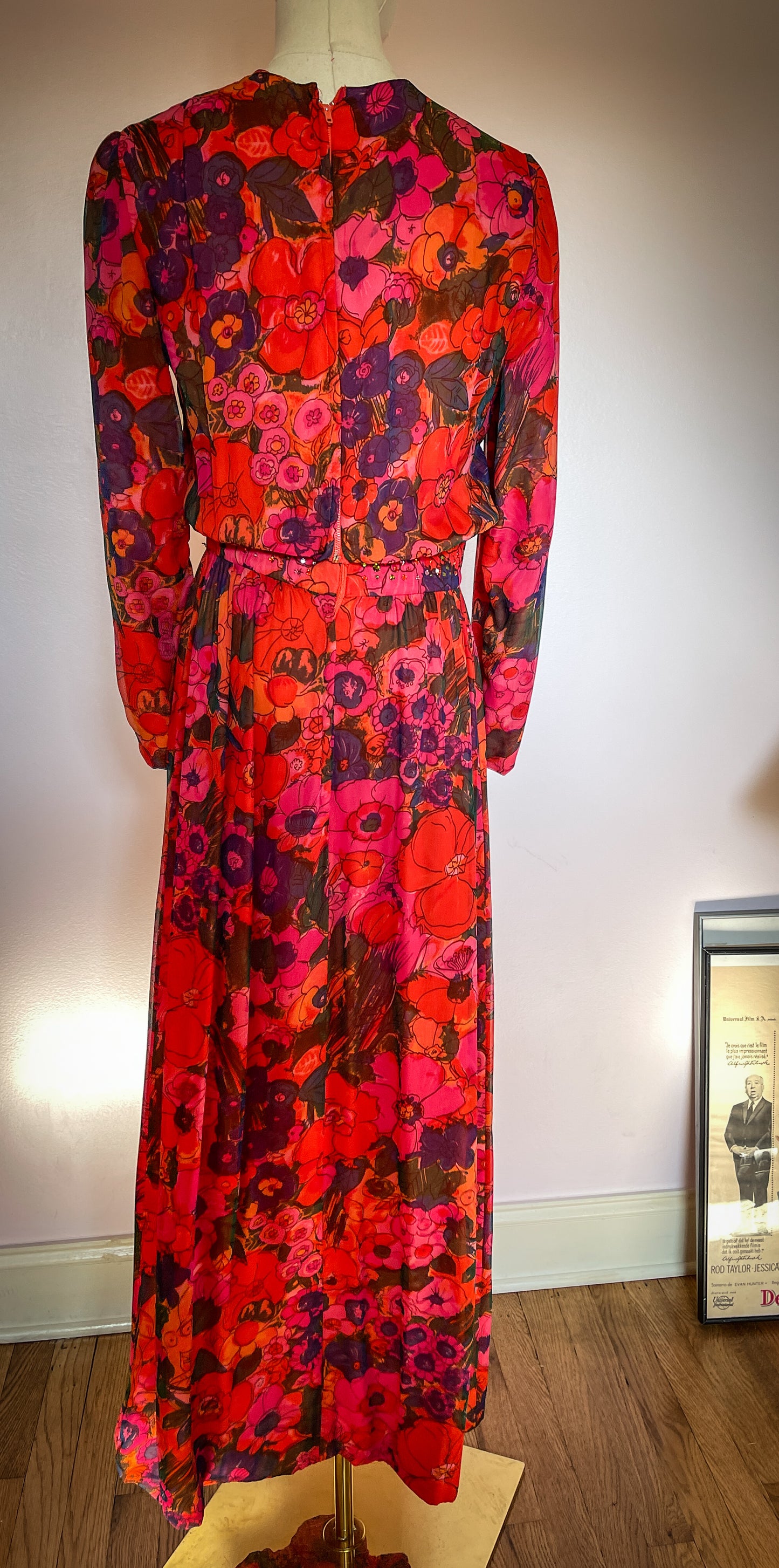 1960s Silk Chiffon Red Floral Maxi