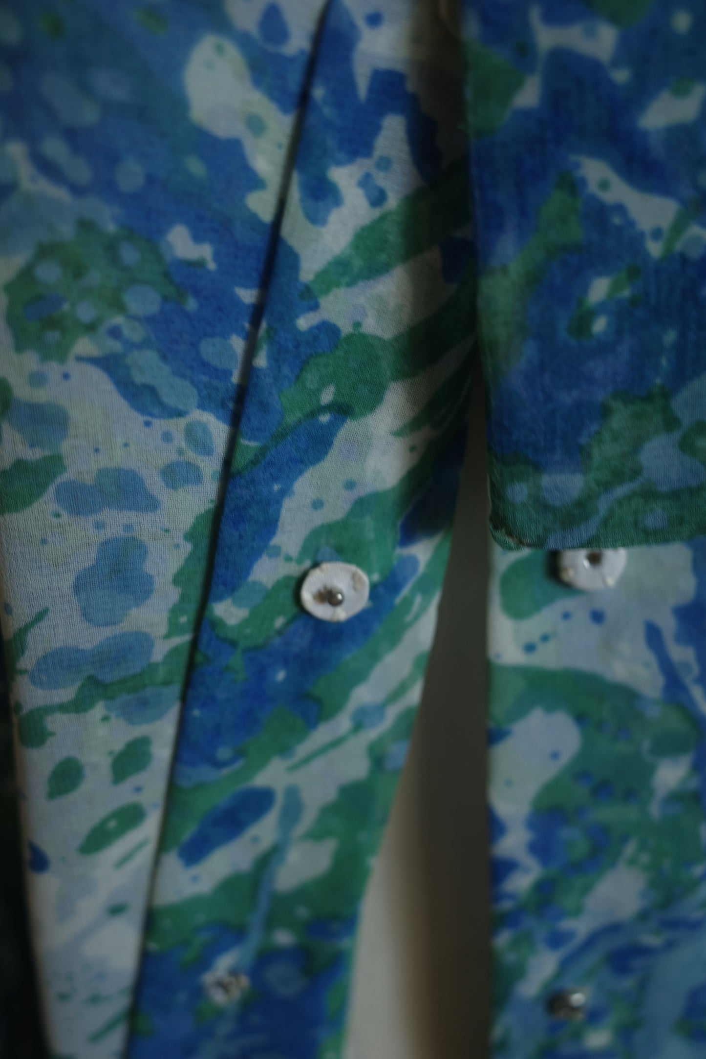 60s pussy bow, long sleeve blouse, green blue, watercolor print