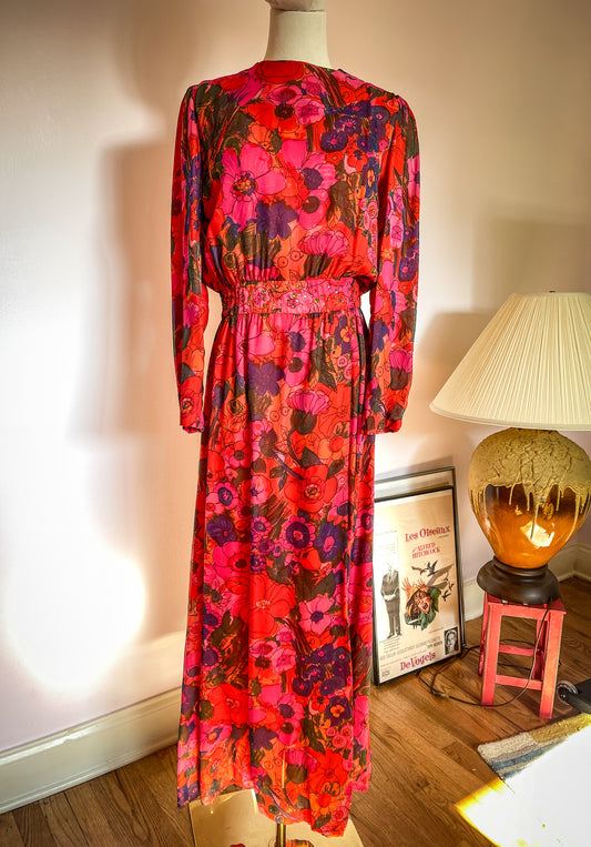 1960s Silk Chiffon Red Floral Maxi