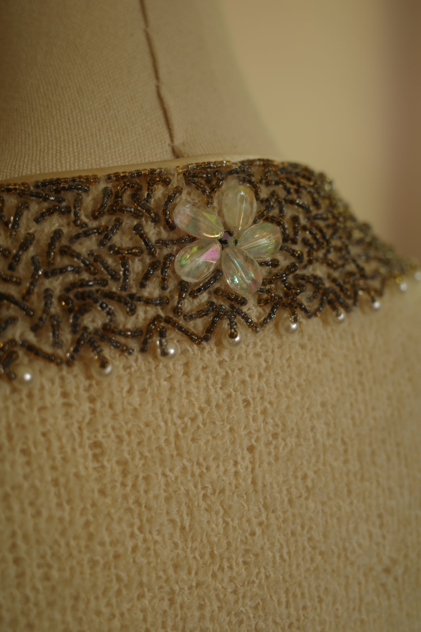 1960s wool cream beaded sweater