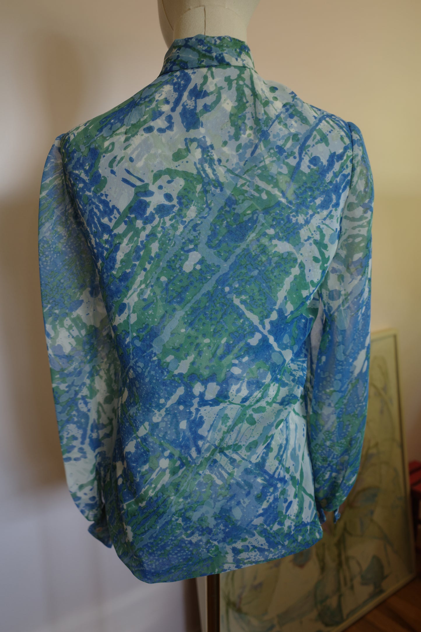 60s pussy bow, long sleeve blouse, green blue, watercolor print