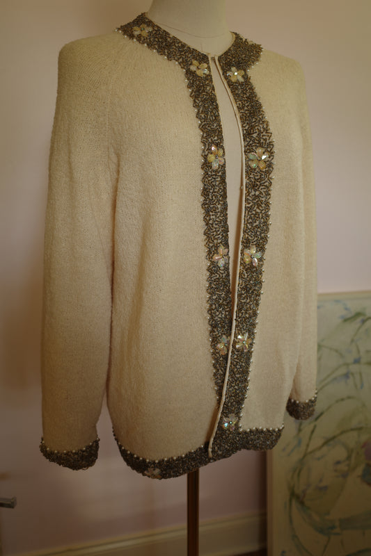 1960s wool cream beaded sweater